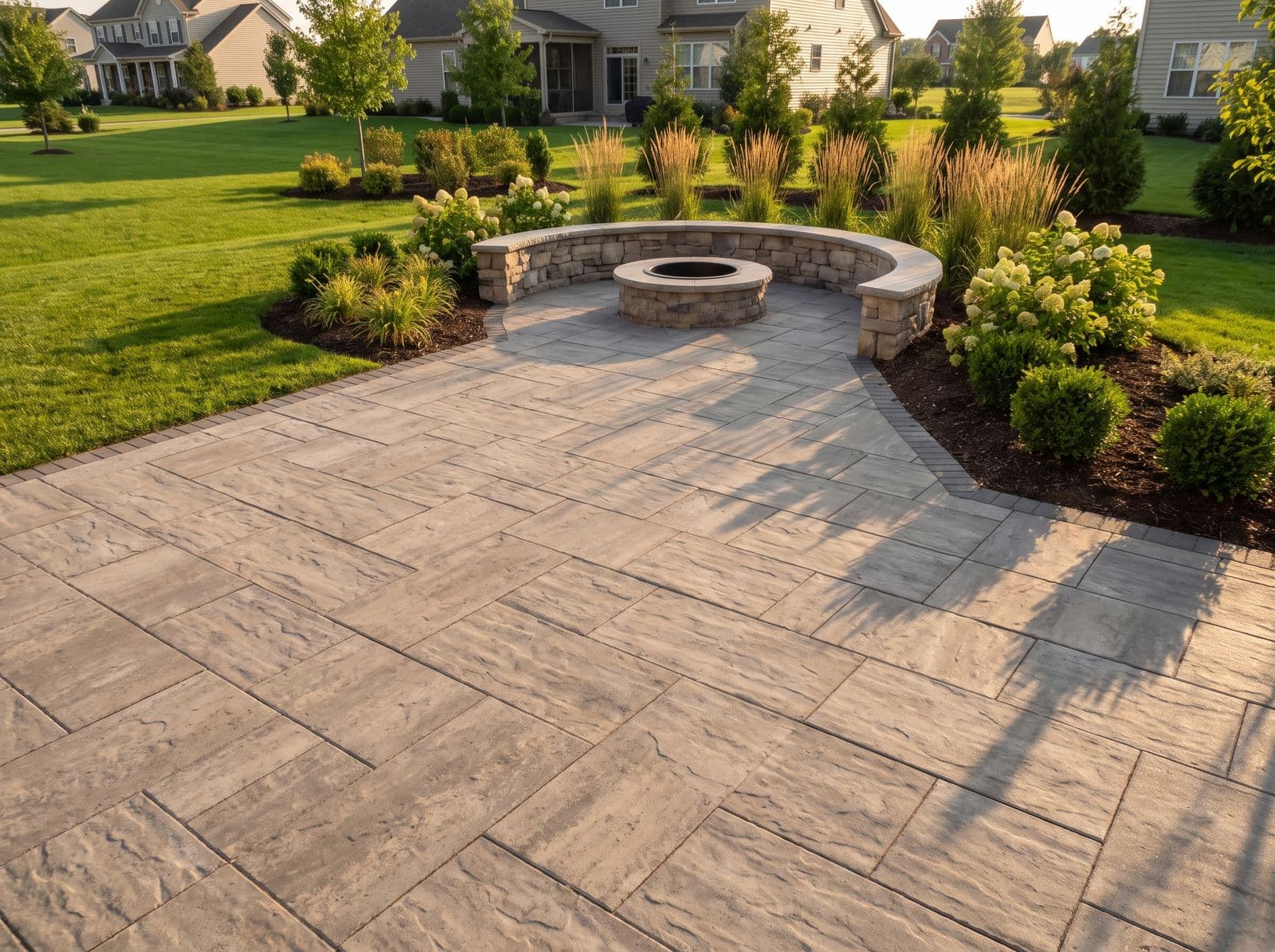 Paver patio with stone seating wall and fire pit