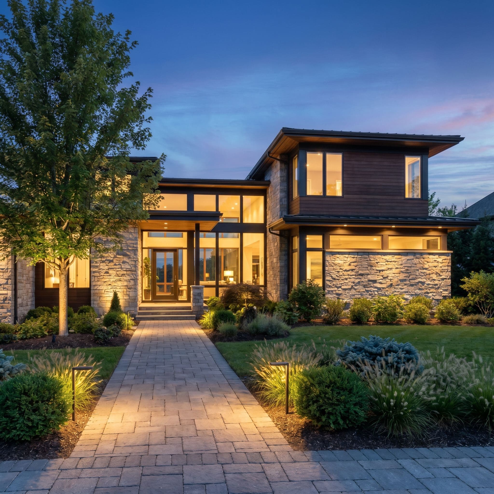 Modern home at dusk with landscape lighting