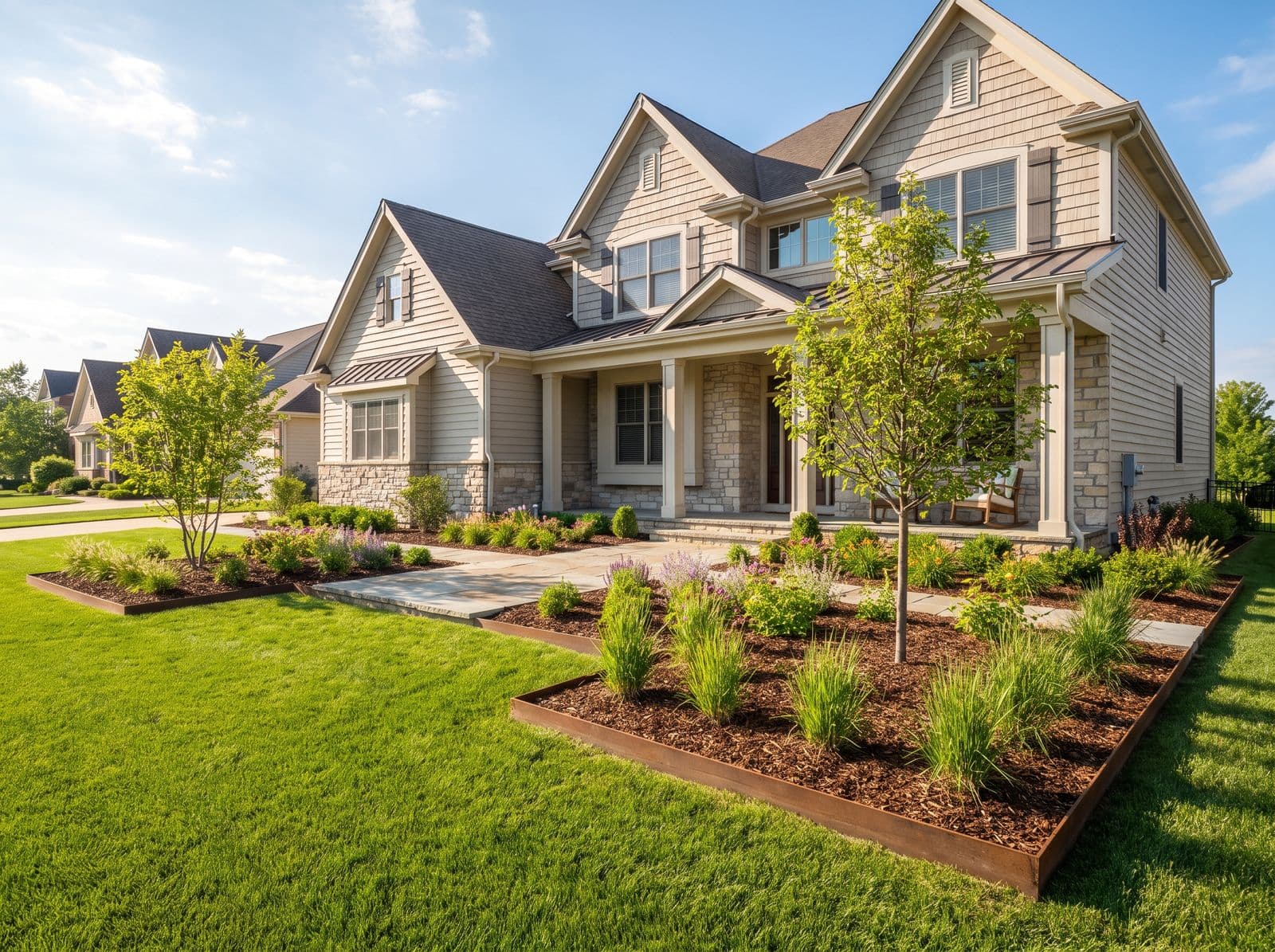 Freshly landscaped front yard with manicured lawn and planting beds