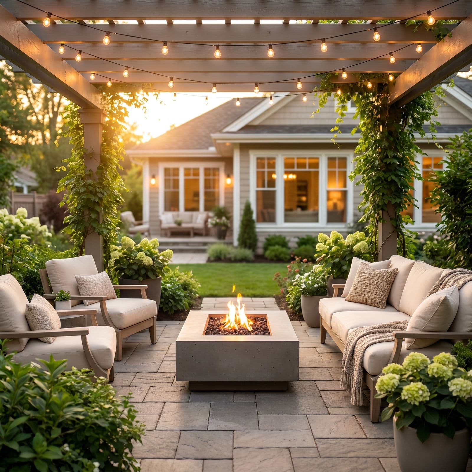Covered outdoor living space with fire table and string lighting