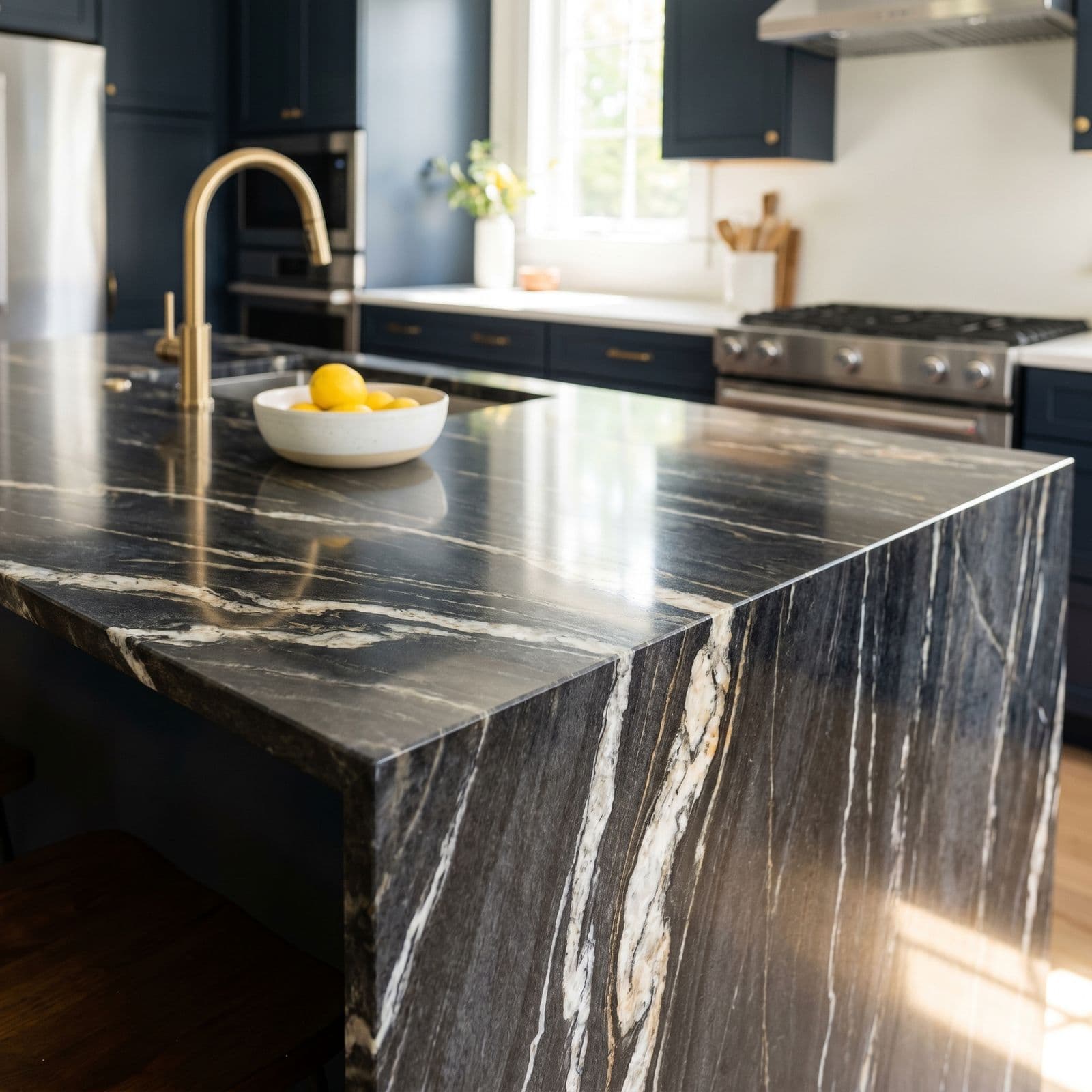Marble countertop installation with brass fixtures