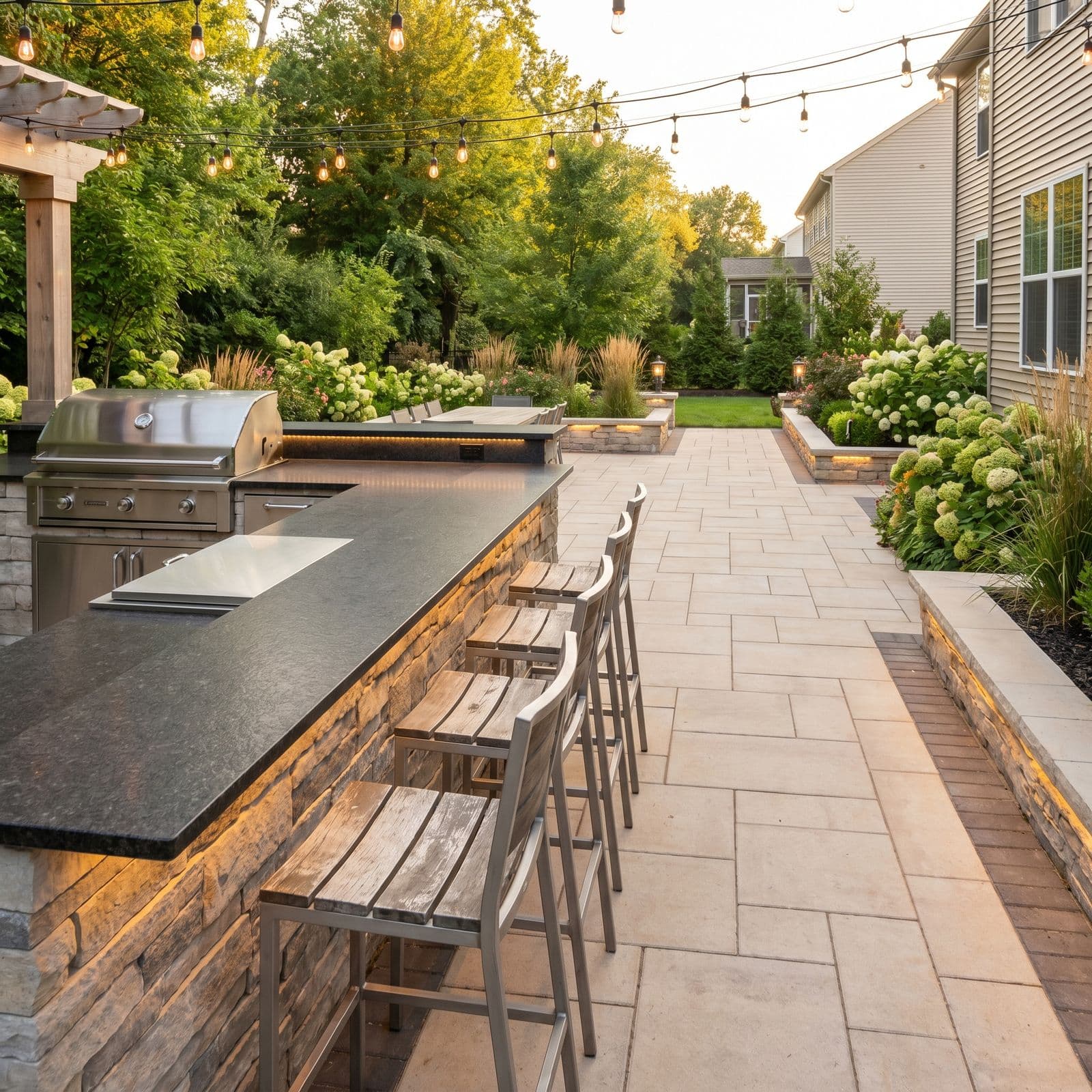Outdoor kitchen with stone bar and seating