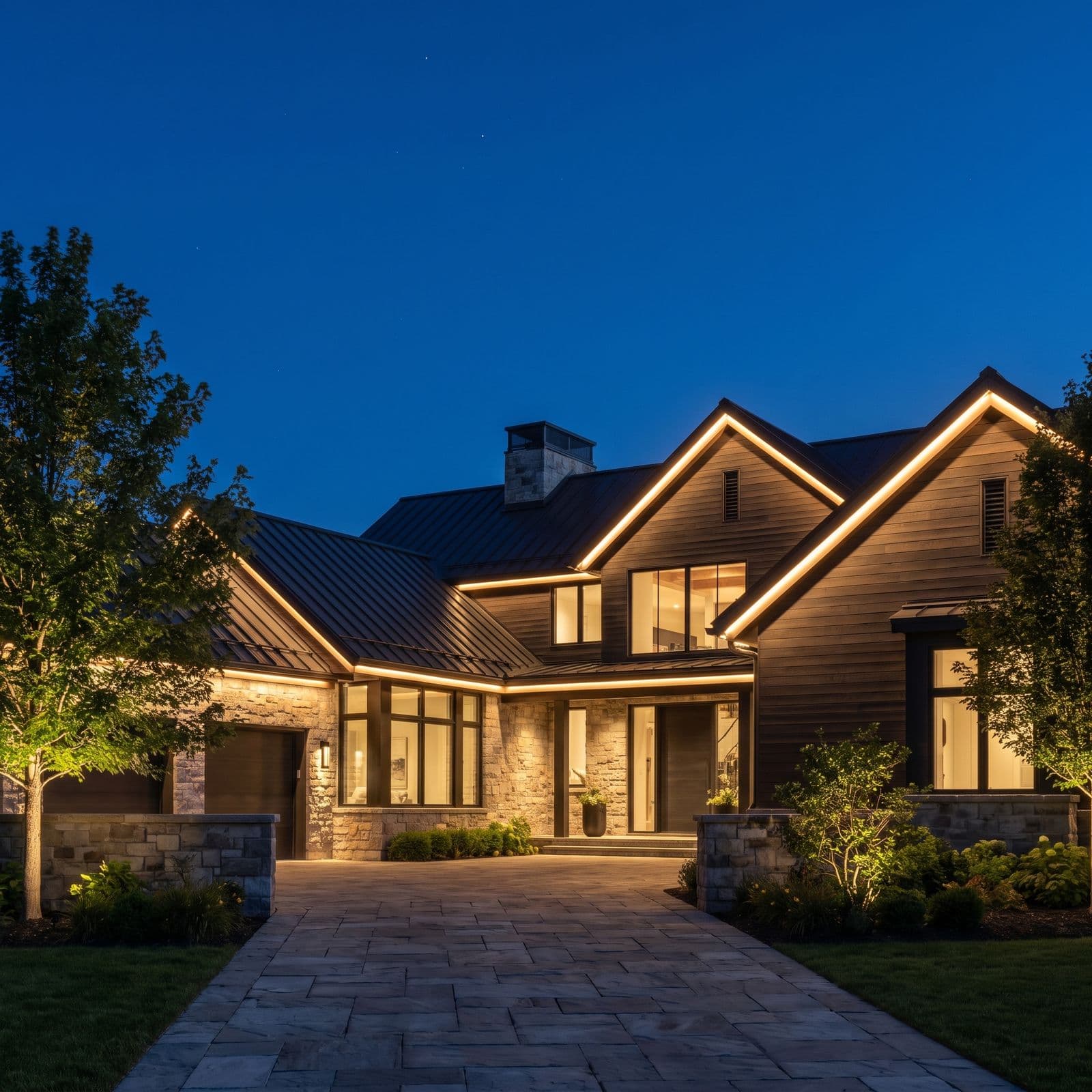 Home with permanent roofline lighting at night